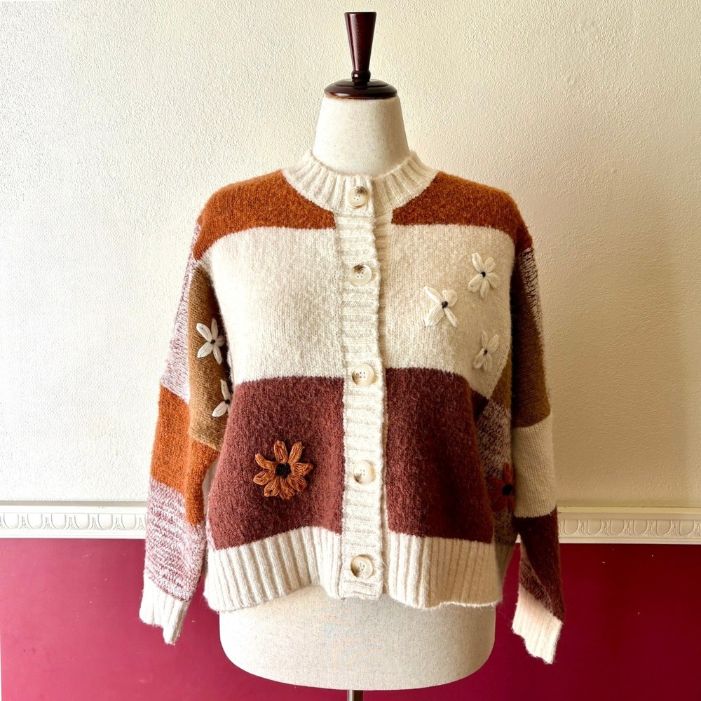 Luna Ivy Anthropologie Patchwork Floral Embroidered Cardigan Sweater Oversized L